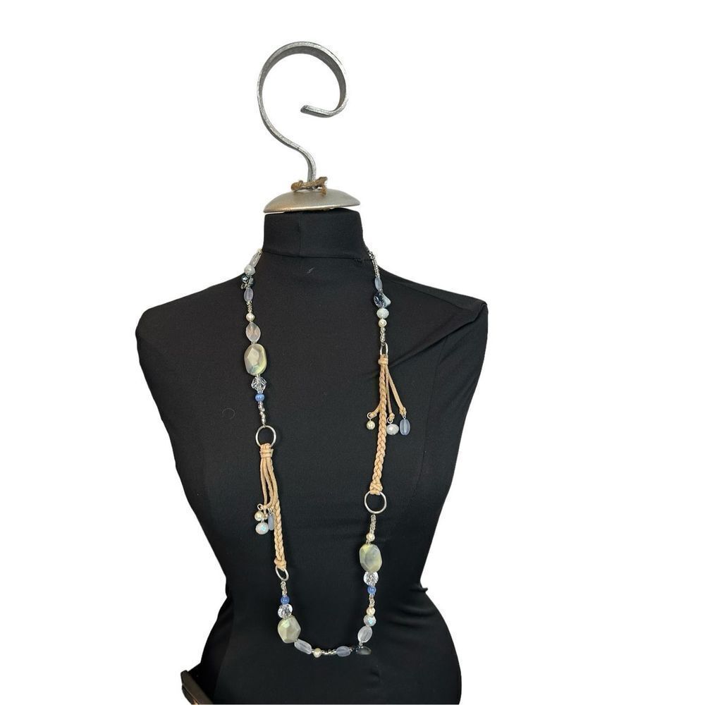 Chicos Long Blue Beaded And Leather Braided Statement Necklace 29$